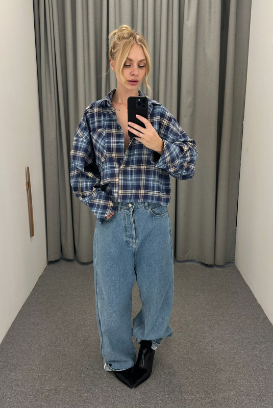 Рубашка объемная укороченная в клетку LIGHT BLUE