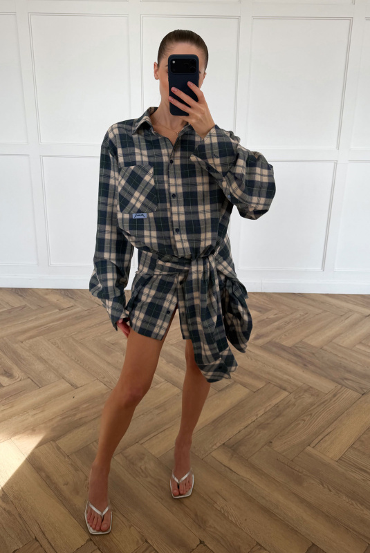 Платье-рубашка в клетку (сине-зеленая)