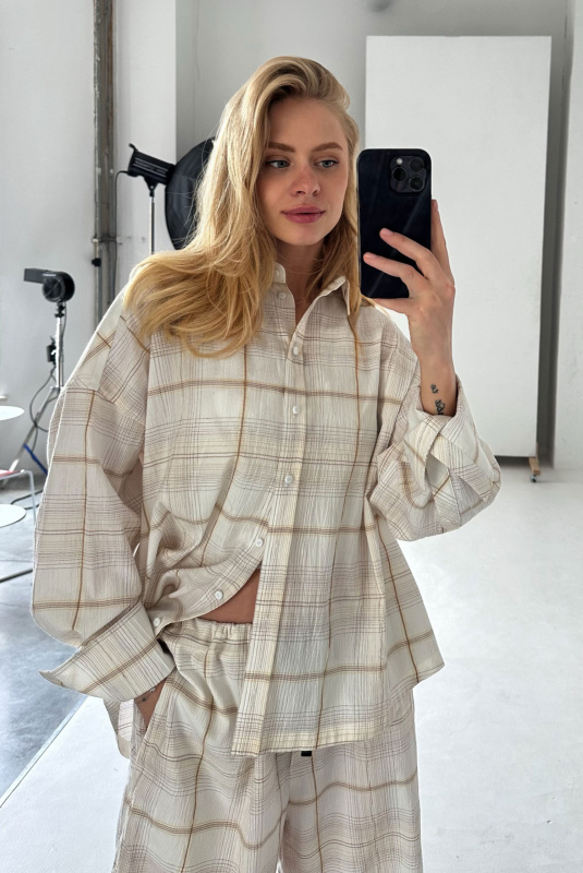 Рубашка объемная из хлопка в клетку BEIGE Рубашка объемная из хлопка в клетку BEIGE