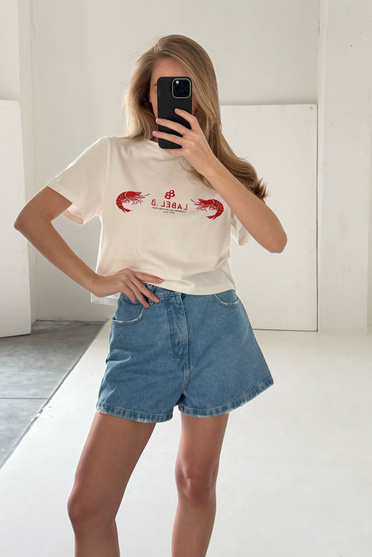 Футболка укороченная с принтом SHRIMPS WHITE Футболка укороченная с принтом SHRIMPS WHITE
