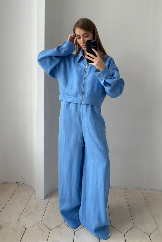 Брюки широкие на высокой посадке изо льна LIGHT BLUE
