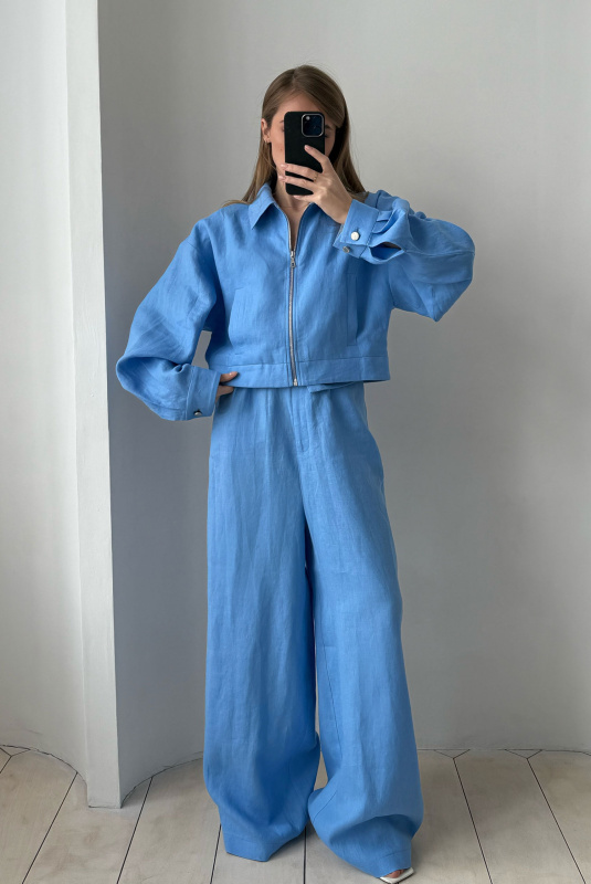 Брюки широкие на высокой посадке изо льна LIGHT BLUE Брюки широкие на высокой посадке изо льна LIGHT BLUE