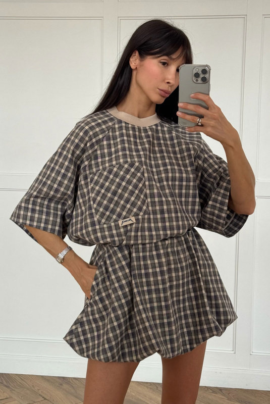 Юбка-баллон в клетку (сине-коричневая)