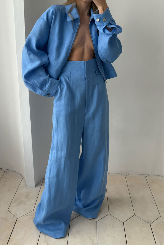 Брюки широкие на высокой посадке изо льна LIGHT BLUE