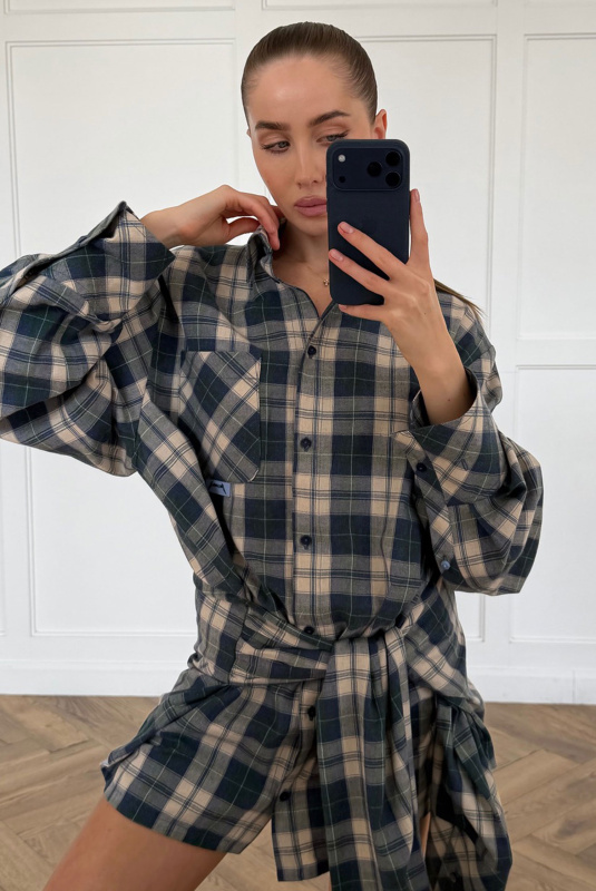 Платье-рубашка в клетку (сине-зеленая)